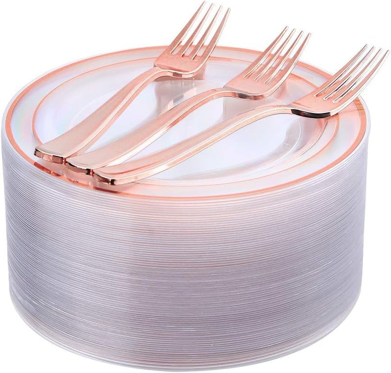 I00000 72 Pcs Rose Gold Plastic Dessert Plates7.5& 70 Pcs Plastic Forks7.4, Premium Salad Plates, Heavy Duty Disposable Plate for Party,Disposable Appetizer Plates Great for Wedding - Image 1